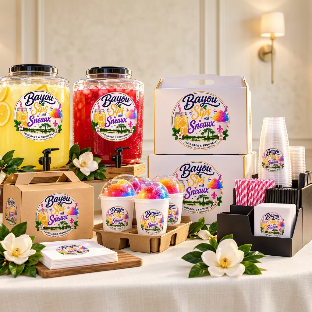 Branded Bayou Sips and Sneaux catering display on an ivory event background