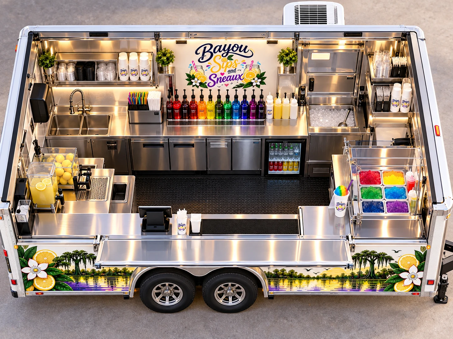 Overhead view of the Bayou Sips and Sneaux trailer interior