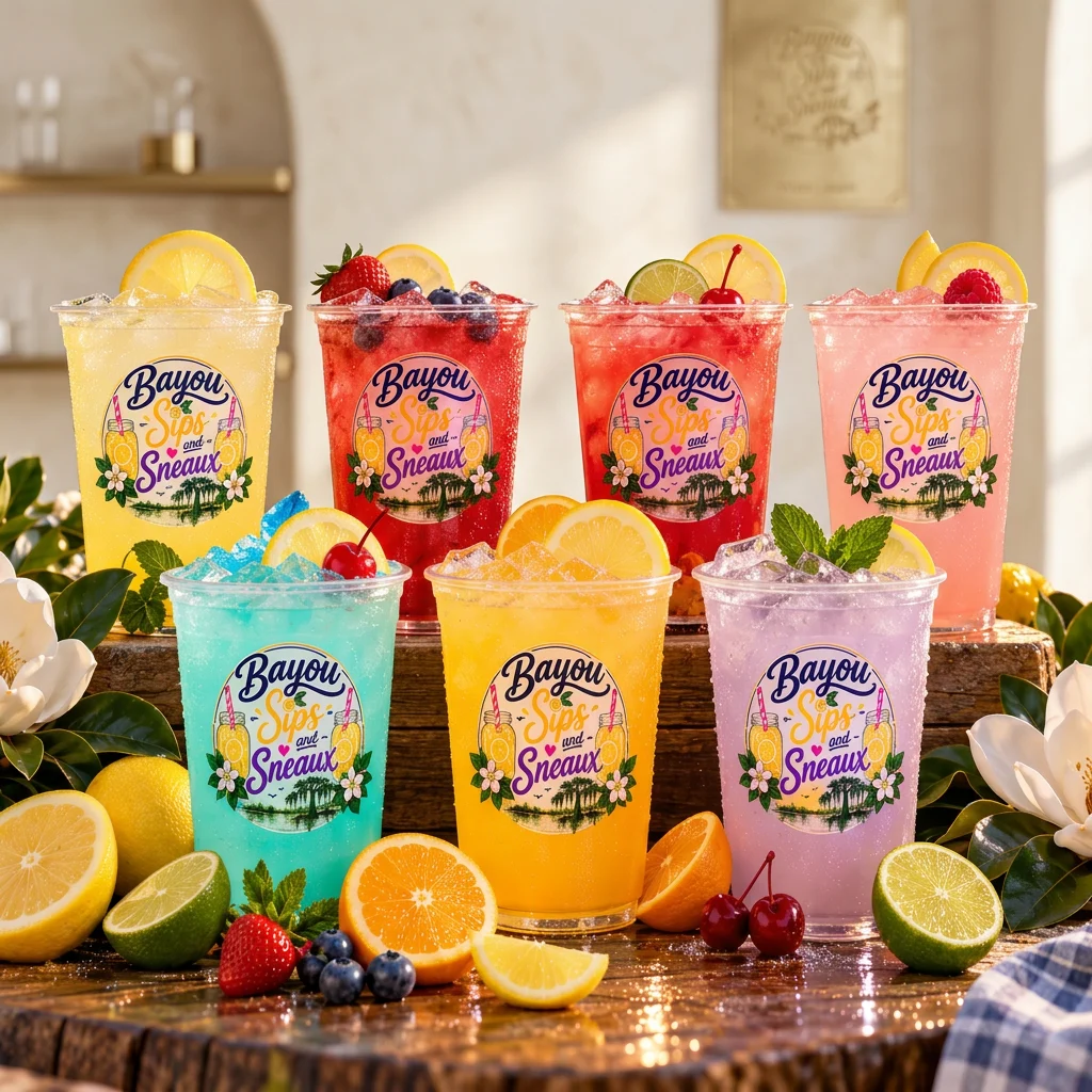Seven Bayou Sips lemonade cups in different colors on a cream studio background