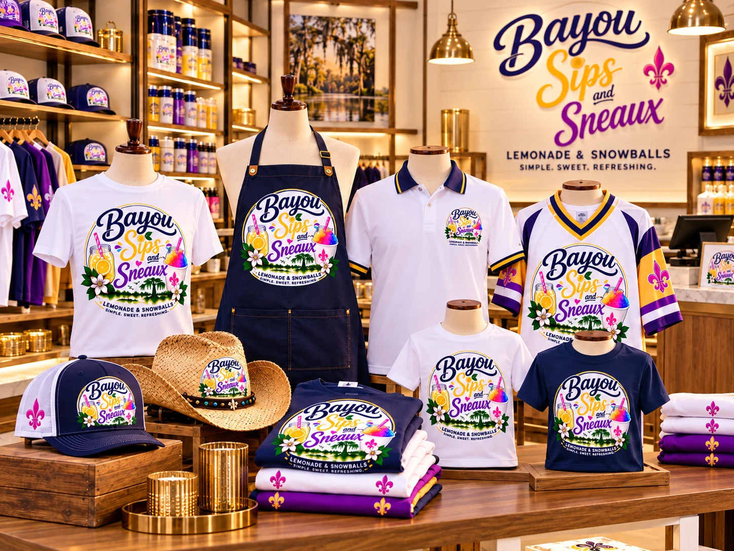 Boutique display of Bayou Sips and Sneaux branded apparel and brand accessories