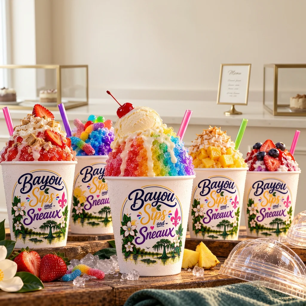 Loaded Sneauxball desserts with colorful toppings on a cream boutique background