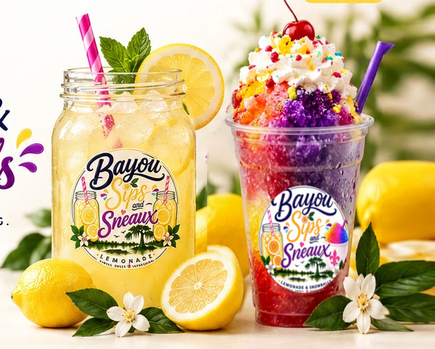 Bayou Sips lemonade beside a loaded rainbow Sneauxball in a clear cup with the lemonade-and-Sneauxball logo