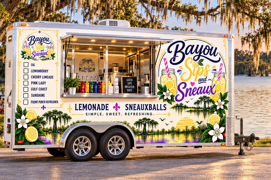 Bayou Sips and Sneaux branded trailer beside the bayou, with two main wheels and a front hitch support