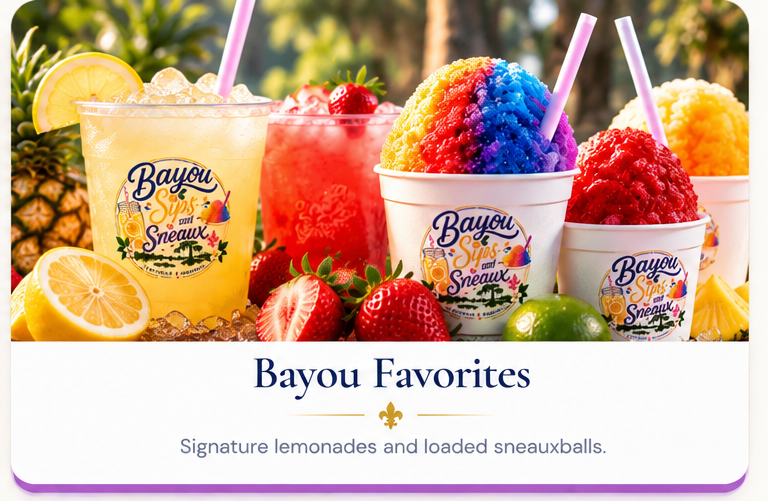 Bayou Favorites. Signature lemonades and loaded sneauxballs. Branded drinks and colorful Sneauxballs with fresh fruit.