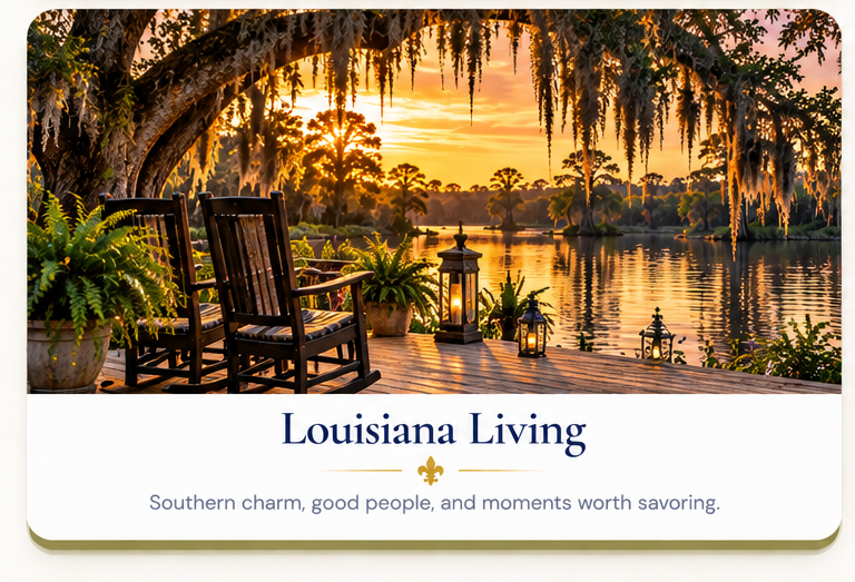 Louisiana Living. Southern charm, good people, and moments worth savoring. Rocking chairs on a bayou porch at sunset.
