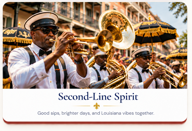 Second-Line Spirit. Good sips, brighter days, and Louisiana vibes together. A second-line brass band playing in New Orleans.