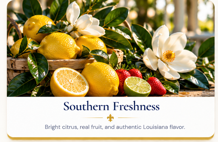 Southern Freshness. Bright citrus, real fruit, and authentic Louisiana flavor. Lemons, fruit, and magnolia blossoms.