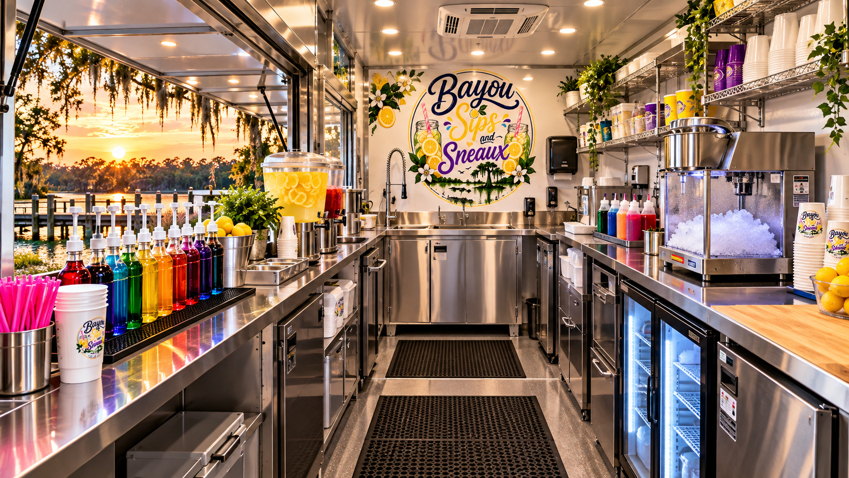 Inside the Bayou Sips and Sneaux trailer: stainless-steel counters, colorful flavor syrups, ice shaver, and branded serving cups