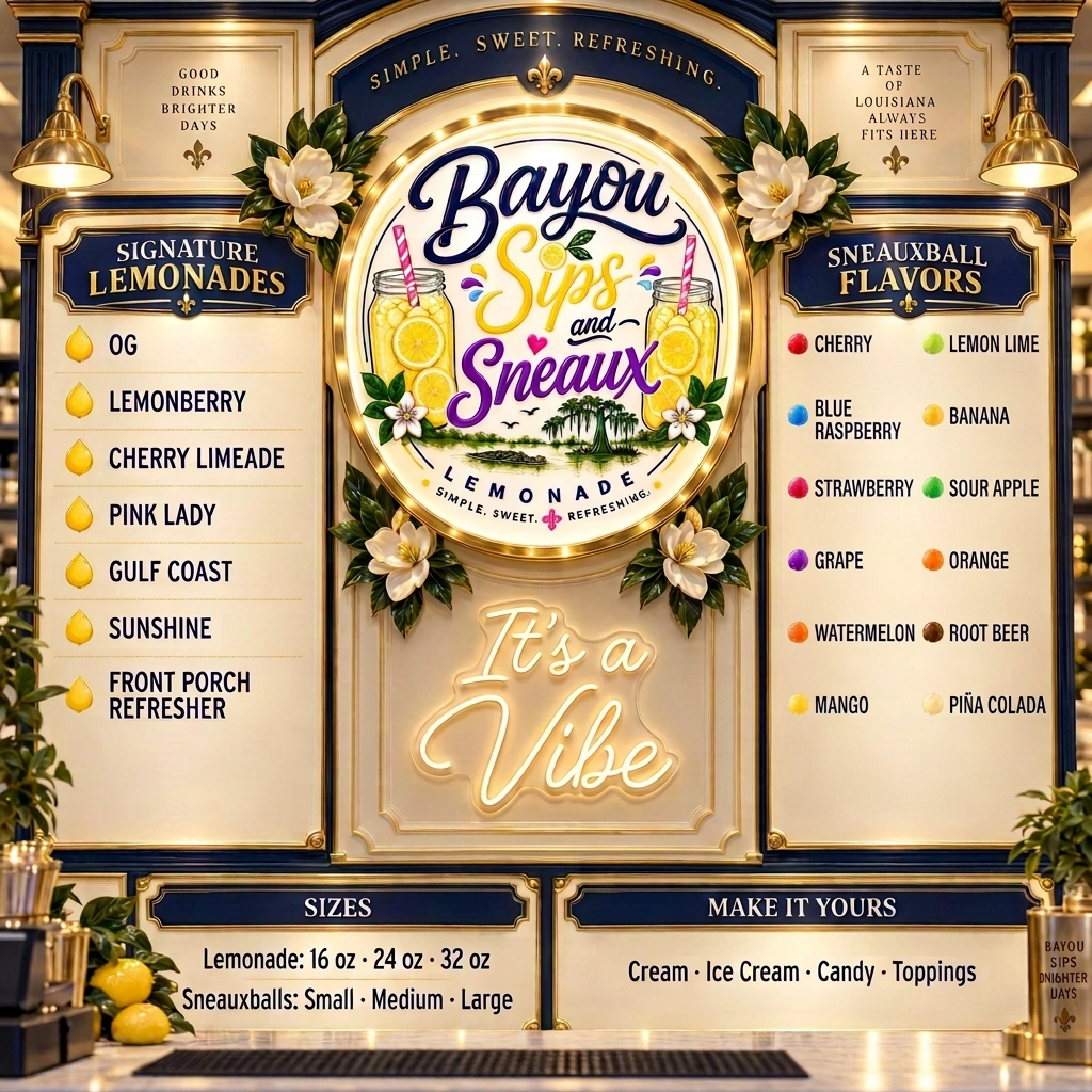 Cream-and-gold Bayou Sips and Sneaux menu wall with seven signature lemonades, twelve featured Sneauxball flavors, sizes, toppings, and an illuminated It’s a Vibe sign.